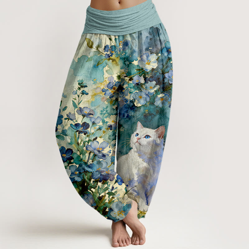 Buddha Stones Damen-Haremshose aus reiner Baumwolle mit weißem Katzenmuster und elastischem Bund - Türkis - US16, UK/AU20, EU48 (3XL) - image 5