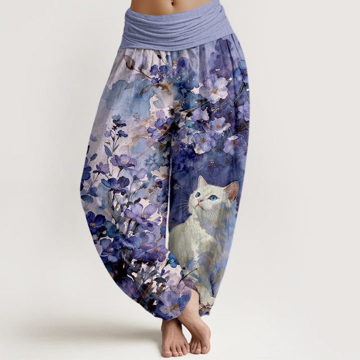 Buddha Stones Damen-Haremshose aus reiner Baumwolle mit weißem Katzenmuster und elastischem Bund - Mittelviolett - US16, UK/AU20, EU48 (3XL) - image 8