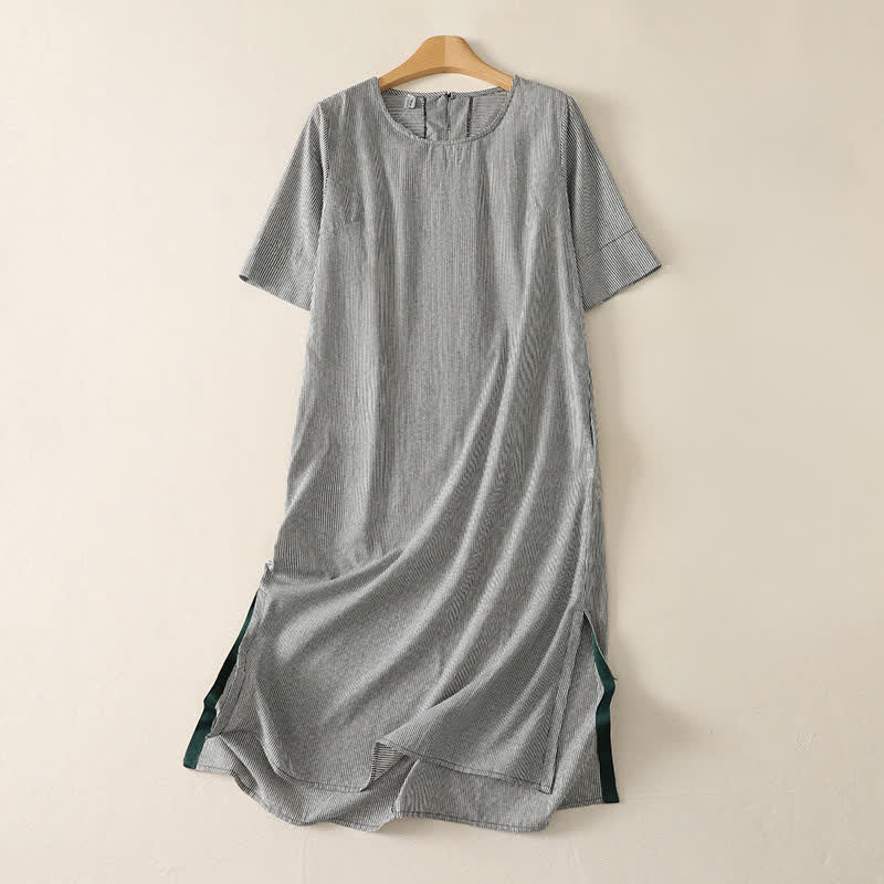 Buddha Stones Lässiges, schlichtes Sommerkleid mit Seitenschlitz, Streifenmuster, kurzen Ärmeln und Tasche für Damen - Schwarz - US14, UK/AU18, EU46 (2XL) - image 9