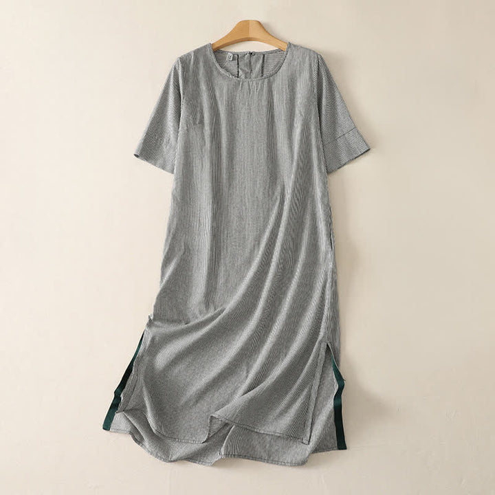 Buddha Stones Lässiges, schlichtes Sommerkleid mit Seitenschlitz, Streifenmuster, kurzen Ärmeln und Tasche für Damen - Schwarz - US14, UK/AU18, EU46 (2XL) - image 9