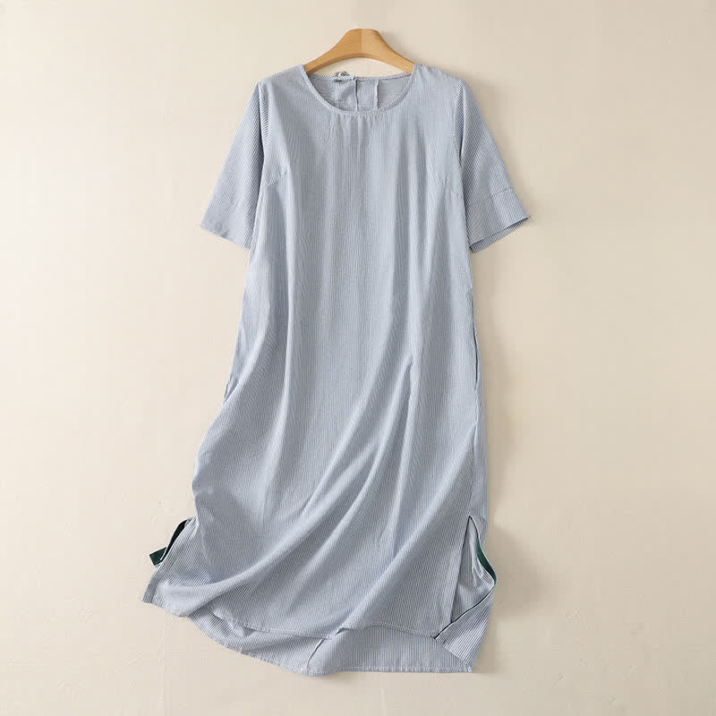 Buddha Stones Lässiges, schlichtes Sommerkleid mit Seitenschlitz, Streifenmuster, kurzen Ärmeln und Tasche für Damen - Hellblau - US14, UK/AU18, EU46 (2XL) - image 0