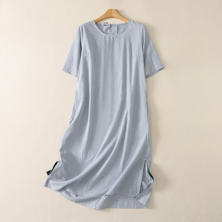 Buddha Stones Lässiges, schlichtes Sommerkleid mit Seitenschlitz, Streifenmuster, kurzen Ärmeln und Tasche für Damen - Hellblau - US14, UK/AU18, EU46 (2XL) - image 0
