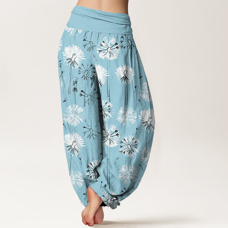 Buddha Stones Haremshose aus reiner Baumwolle mit Löwenzahnmuster und elastischem Bund für Damen - image 1