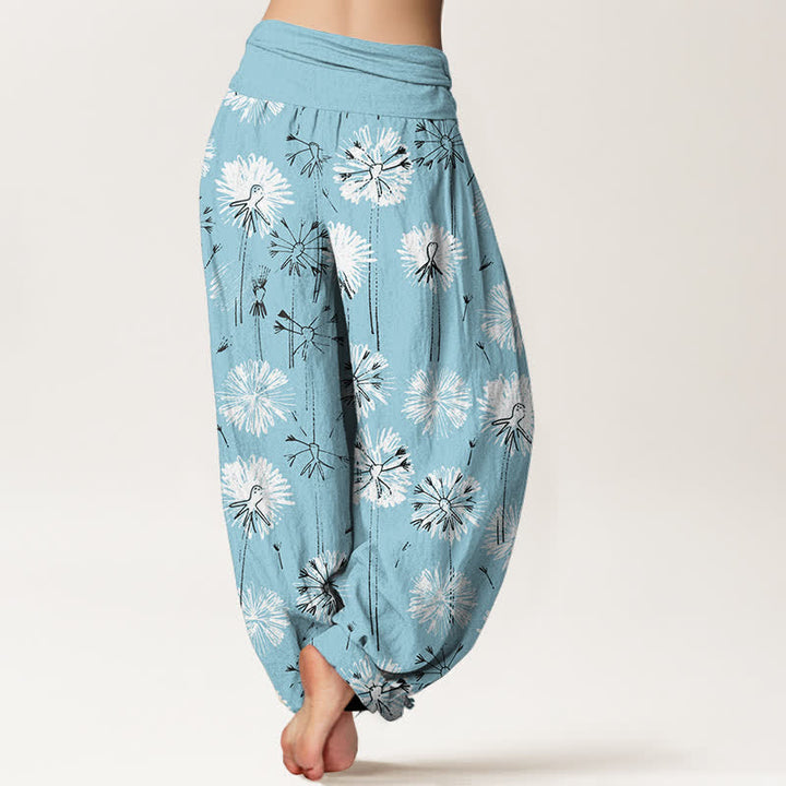 Buddha Stones Haremshose aus reiner Baumwolle mit Löwenzahnmuster und elastischem Bund für Damen - image 1