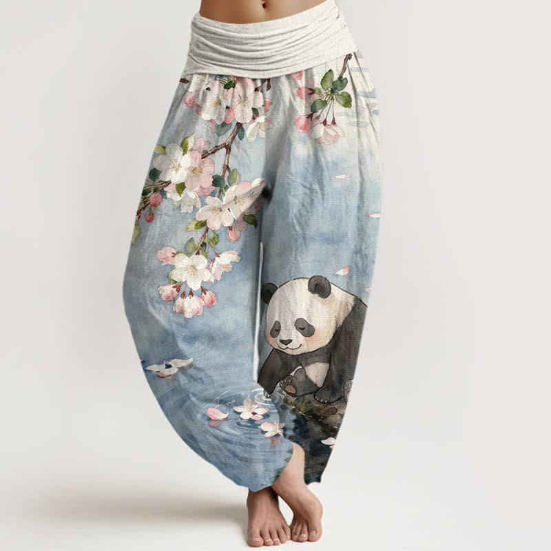 Buddha Stones Damen-Haremshose aus reiner Baumwolle mit Kirschblüten- und Panda-Muster, elastischem Bund - Hellstahlblau - US16, UK/AU20, EU48 (3XL) - image 0