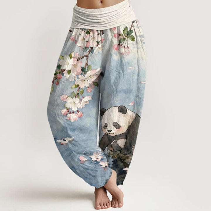 Buddha Stones Damen-Haremshose aus reiner Baumwolle mit Kirschblüten- und Panda-Muster, elastischem Bund - Hellstahlblau - US16, UK/AU20, EU48 (3XL) - image 0