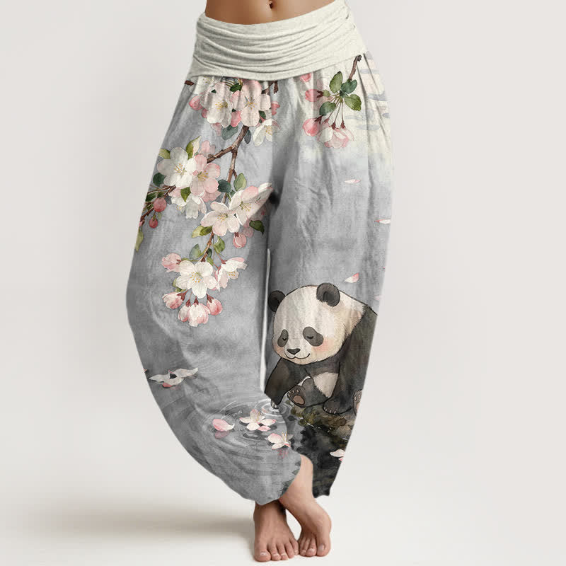 Buddha Stones Damen-Haremshose aus reiner Baumwolle mit Kirschblüten- und Panda-Muster, elastischem Bund - Hellgrau - US16, UK/AU20, EU48 (3XL) - image 5