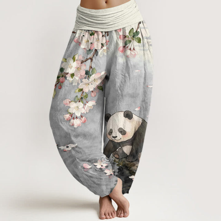 Buddha Stones Damen-Haremshose aus reiner Baumwolle mit Kirschblüten- und Panda-Muster, elastischem Bund - Hellgrau - US16, UK/AU20, EU48 (3XL) - image 5