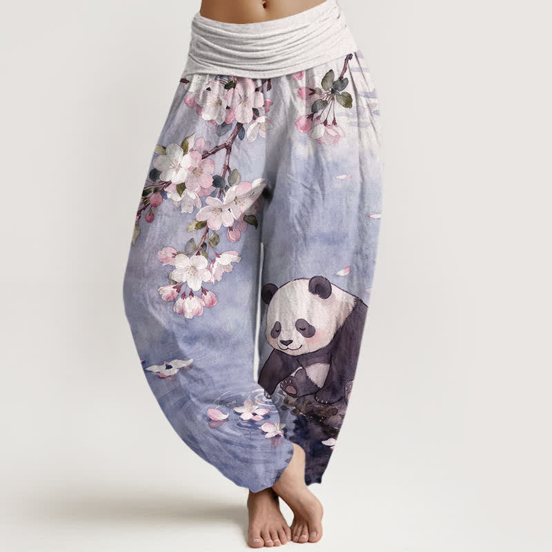 Buddha Stones Damen-Haremshose aus reiner Baumwolle mit Kirschblüten- und Panda-Muster, elastischem Bund - Mittelschieferblau - US16, UK/AU20, EU48 (3XL) - image 8