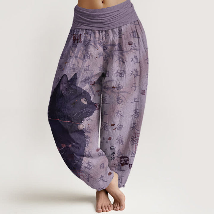 Buddha Stones Damen-Haremshose aus reiner Baumwolle mit schwarzem Katzen-Kalligrafiemuster und elastischem Bund - Mittelgroße Orchidee - US16, UK/AU20, EU48 (3XL) - image 5