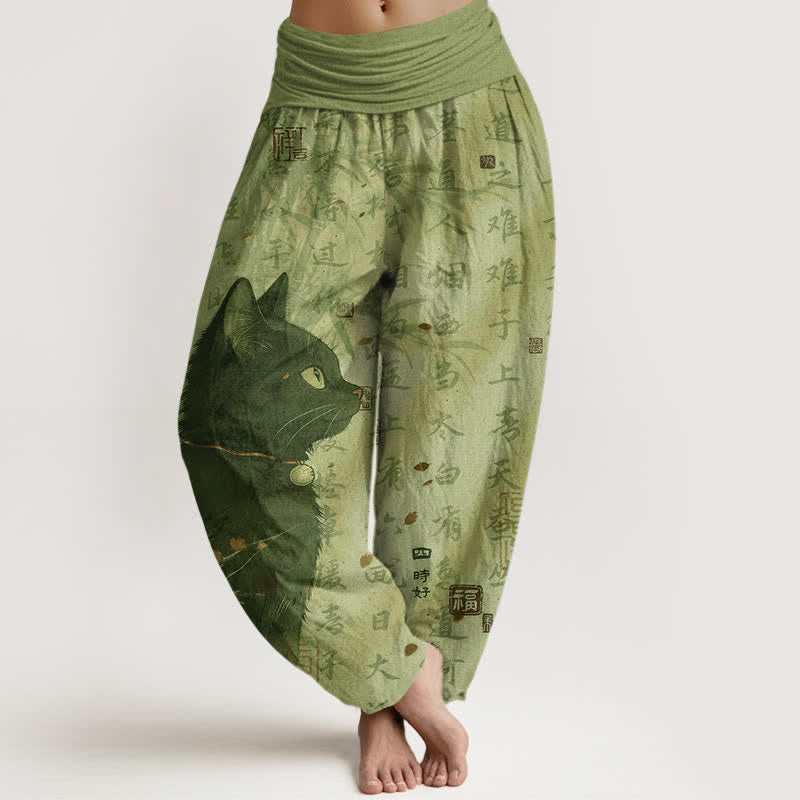 Buddha Stones Damen-Haremshose aus reiner Baumwolle mit schwarzem Katzen-Kalligrafiemuster und elastischem Bund - Gelbgrün - US16, UK/AU20, EU48 (3XL) - image 8