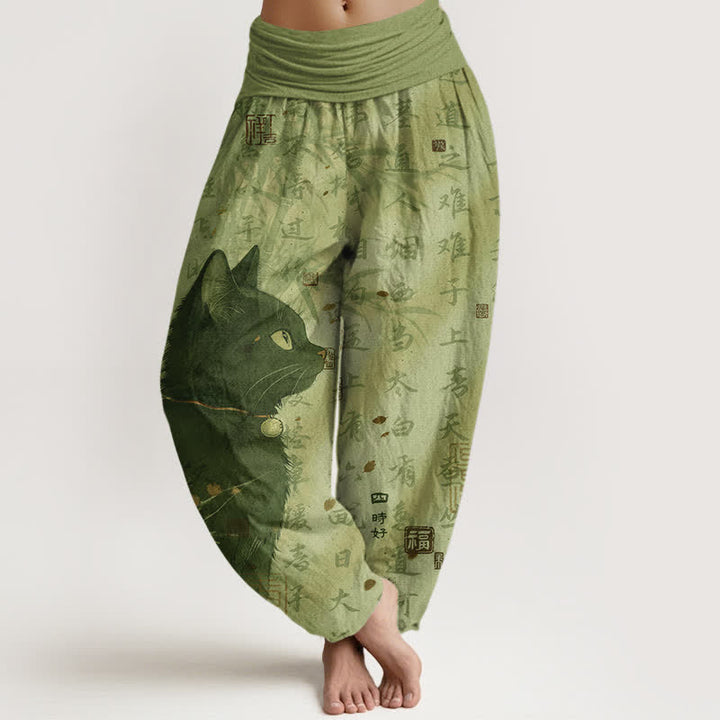 Buddha Stones Damen-Haremshose aus reiner Baumwolle mit schwarzem Katzen-Kalligrafiemuster und elastischem Bund - Gelbgrün - US16, UK/AU20, EU48 (3XL) - image 8