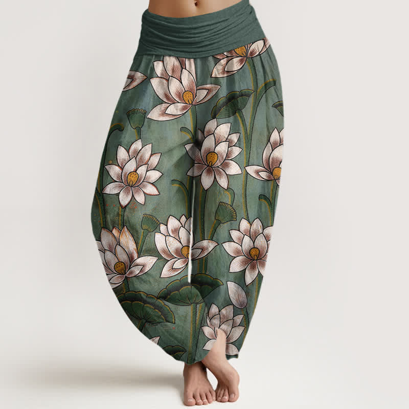 Buddha Stones Damen-Haremshose aus reiner Baumwolle mit Lotusblütenmuster und elastischem Bund - Hellseegrün - US16, UK/AU20, EU48 (3XL) - image 0