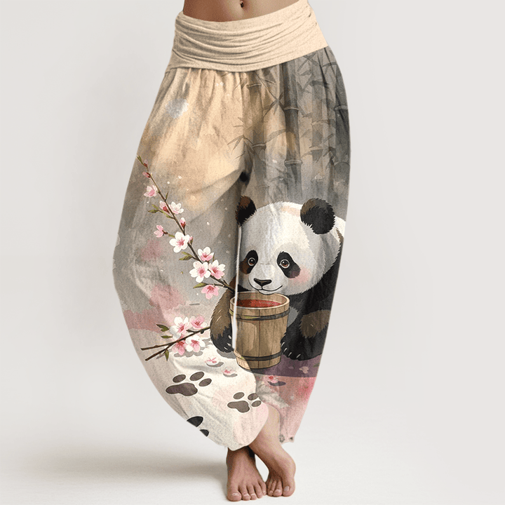 Buddha Stones Damen-Haremshose aus reiner Baumwolle mit Panda- und Bambusblütenmuster, elastischer Bund - Weizen - US16, UK/AU20, EU48 (3XL) - image 0