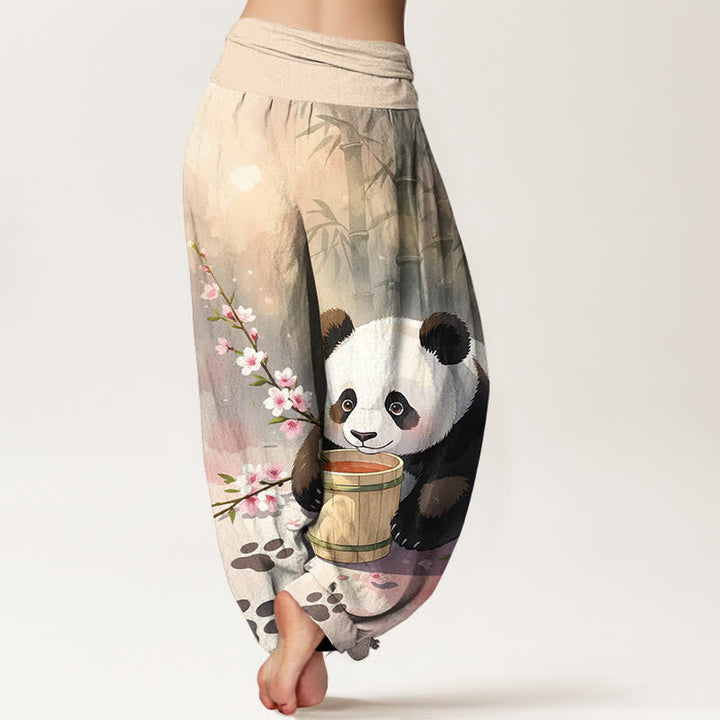 Buddha Stones Damen-Haremshose aus reiner Baumwolle mit Panda- und Bambusblütenmuster, elastischer Bund - image 1