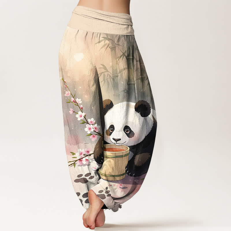 Buddha Stones Damen-Haremshose aus reiner Baumwolle mit Panda- und Bambusblütenmuster, elastischer Bund - image 1