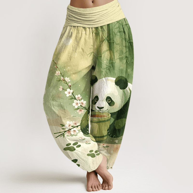 Buddha Stones Damen-Haremshose aus reiner Baumwolle mit Panda- und Bambusblütenmuster, elastischer Bund - Gelbgrün - US16, UK/AU20, EU48 (3XL) - image 5
