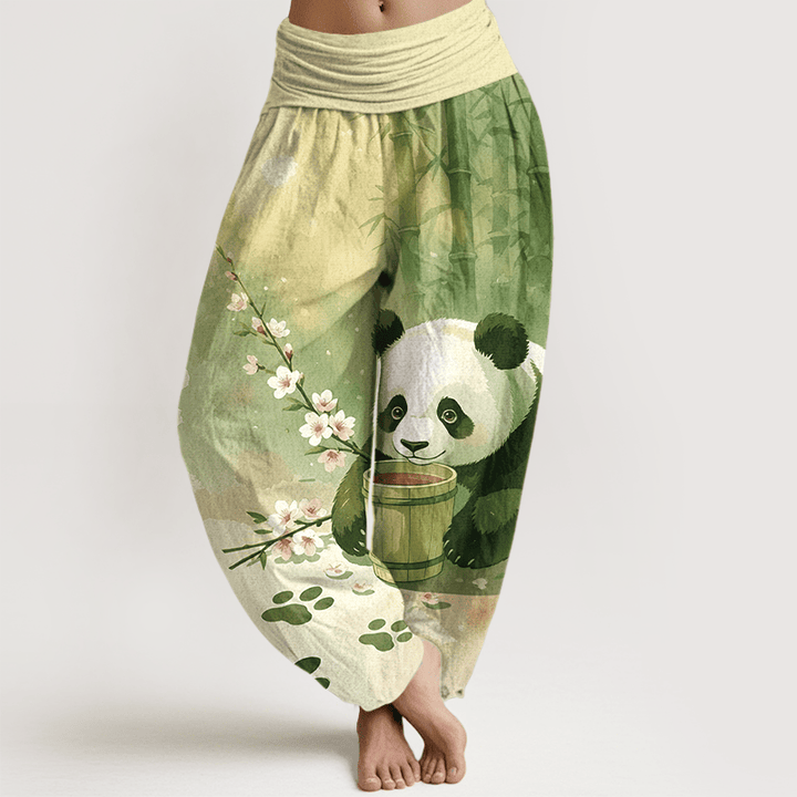 Buddha Stones Damen-Haremshose aus reiner Baumwolle mit Panda- und Bambusblütenmuster, elastischer Bund - Gelbgrün - US16, UK/AU20, EU48 (3XL) - image 5