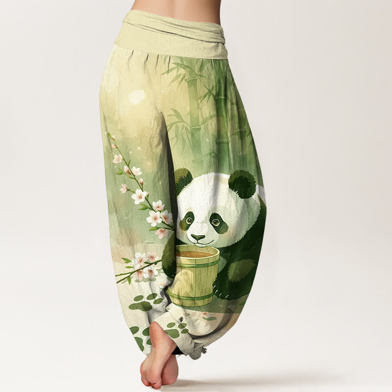 Buddha Stones Damen-Haremshose aus reiner Baumwolle mit Panda- und Bambusblütenmuster, elastischer Bund - image 6