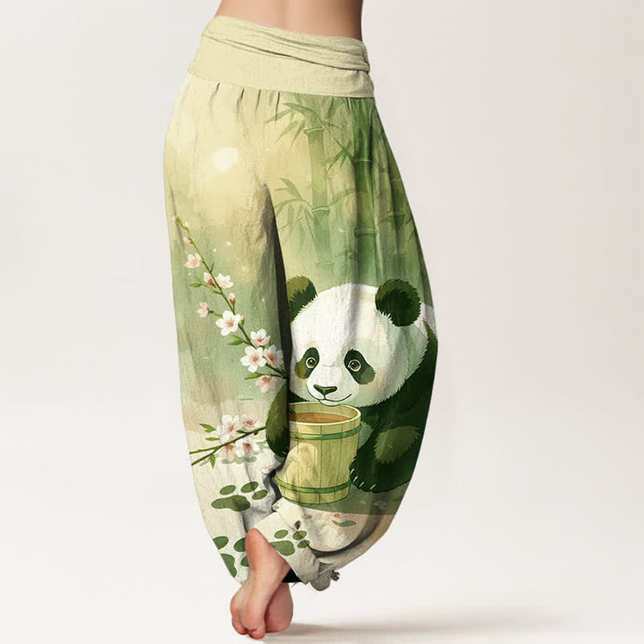 Buddha Stones Damen-Haremshose aus reiner Baumwolle mit Panda- und Bambusblütenmuster, elastischer Bund - image 6