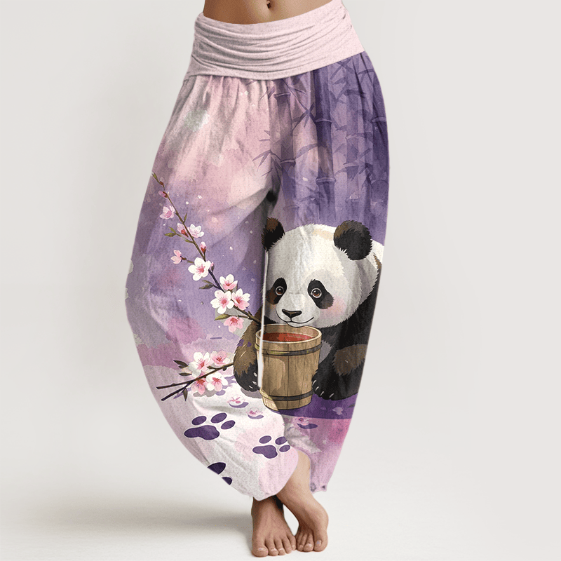 Buddha Stones Damen-Haremshose aus reiner Baumwolle mit Panda- und Bambusblütenmuster, elastischer Bund - Pflaume - US16, UK/AU20, EU48 (3XL) - image 8