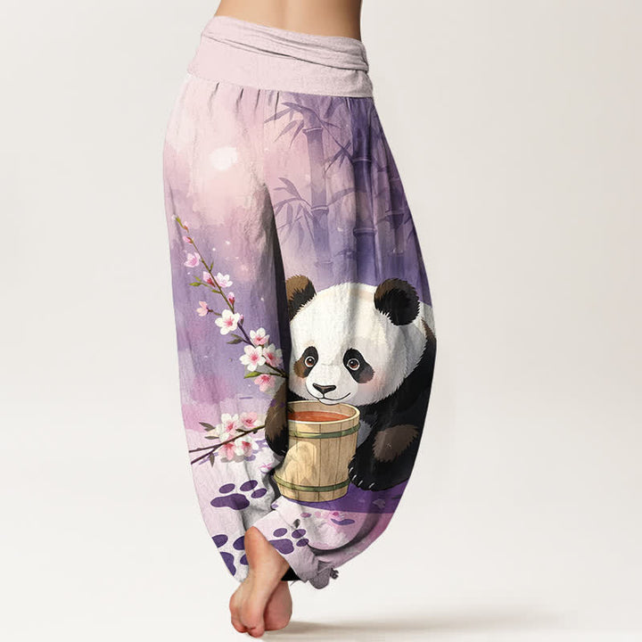 Buddha Stones Damen-Haremshose aus reiner Baumwolle mit Panda- und Bambusblütenmuster, elastischer Bund - image 9