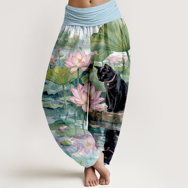 Buddha Stones Damen-Haremshose aus reiner Baumwolle mit Lotus- und schwarzem Katzenmuster, elastischer Bund - Hellblau - US16, UK/AU20, EU48 (3XL) - image 0