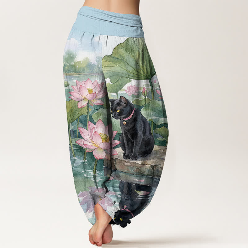 Buddha Stones Damen-Haremshose aus reiner Baumwolle mit Lotus- und schwarzem Katzenmuster, elastischer Bund - image 1