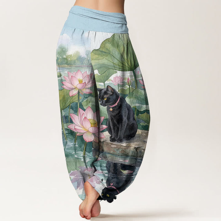 Buddha Stones Damen-Haremshose aus reiner Baumwolle mit Lotus- und schwarzem Katzenmuster, elastischer Bund - image 1