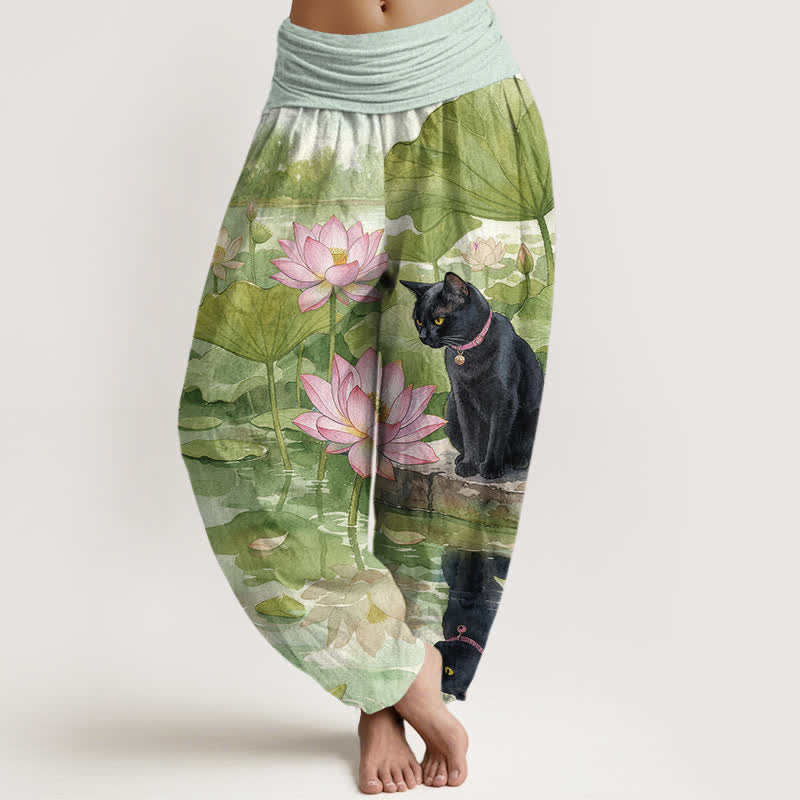 Buddha Stones Damen-Haremshose aus reiner Baumwolle mit Lotus- und schwarzem Katzenmuster, elastischer Bund - Gelbgrün - US16, UK/AU20, EU48 (3XL) - image 5