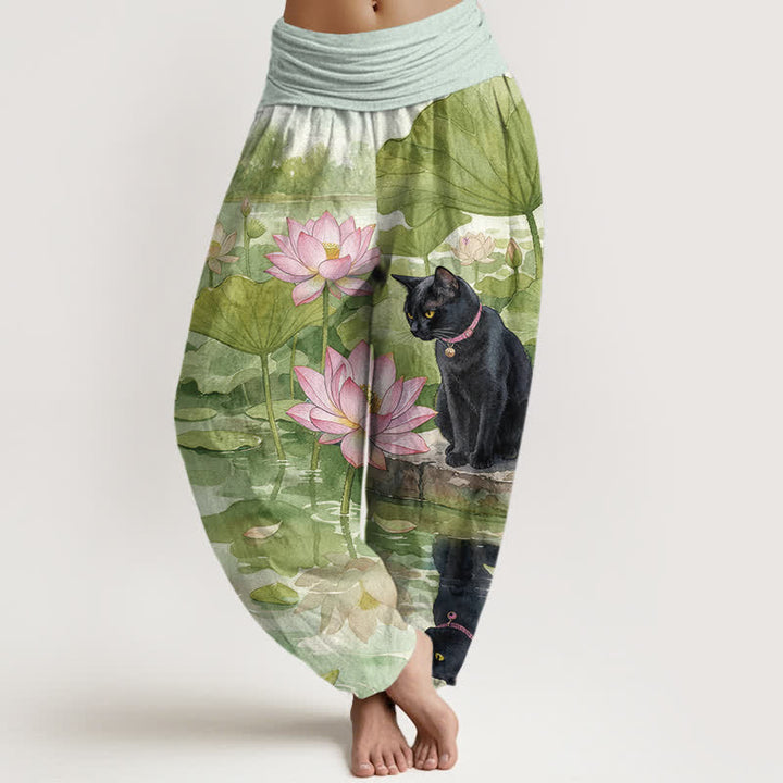Buddha Stones Damen-Haremshose aus reiner Baumwolle mit Lotus- und schwarzem Katzenmuster, elastischer Bund - Gelbgrün - US16, UK/AU20, EU48 (3XL) - image 5