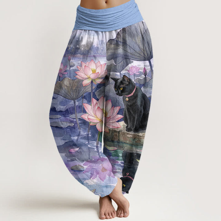 Buddha Stones Damen-Haremshose aus reiner Baumwolle mit Lotus- und schwarzem Katzenmuster, elastischer Bund - Mittelviolett - US16, UK/AU20, EU48 (3XL) - image 8