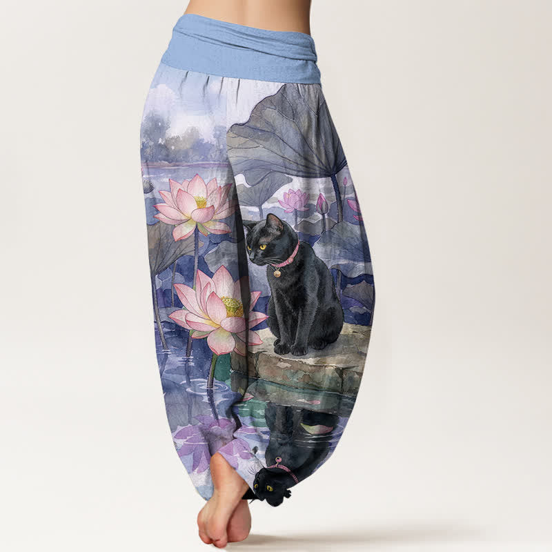 Buddha Stones Damen-Haremshose aus reiner Baumwolle mit Lotus- und schwarzem Katzenmuster, elastischer Bund - image 9