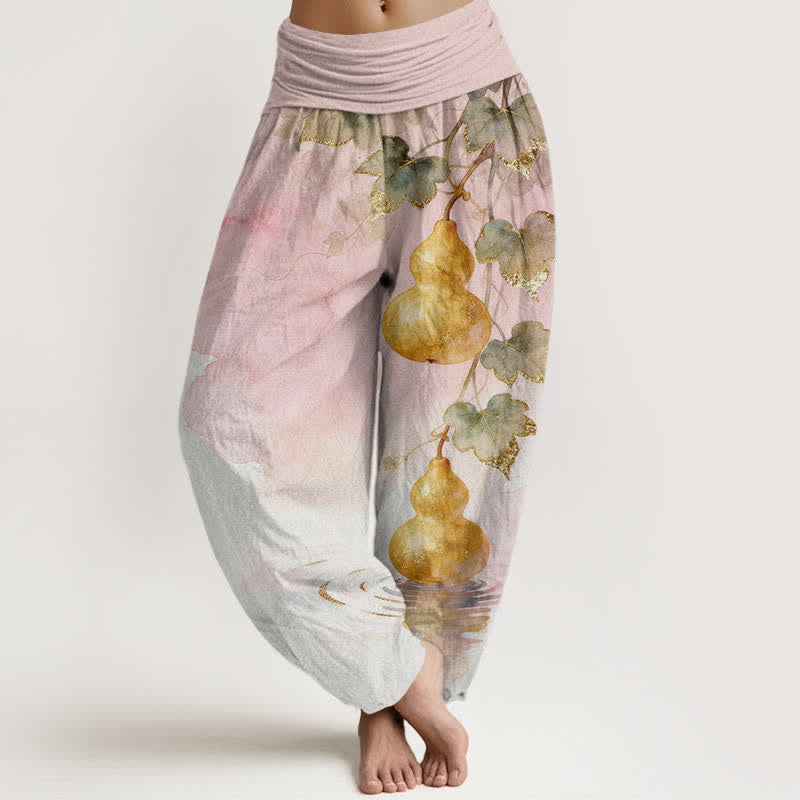 Buddha Stones Haremshose aus Baumwolle mit goldenem Kürbisblattmuster und elastischem Bund für Damen - Rosa - US16, UK/AU20, EU48 (3XL) - image 0