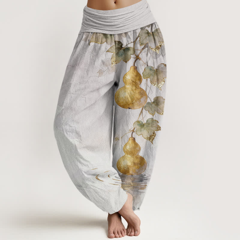 Buddha Stones Haremshose aus Baumwolle mit goldenem Kürbisblattmuster und elastischem Bund für Damen - Gainsboro - US16, UK/AU20, EU48 (3XL) - image 5