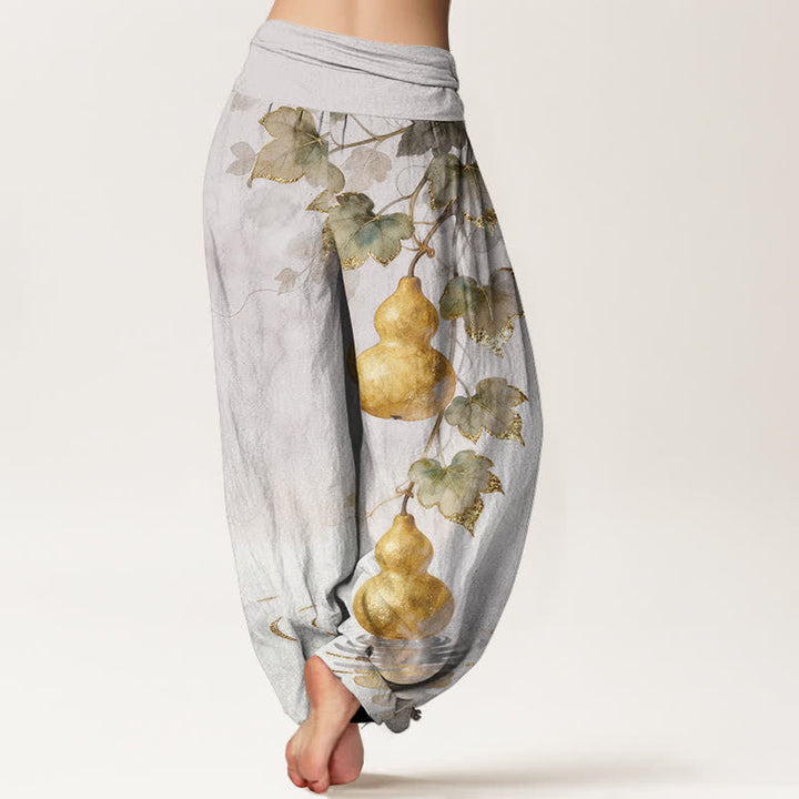 Buddha Stones Haremshose aus Baumwolle mit goldenem Kürbisblattmuster und elastischem Bund für Damen - image 6
