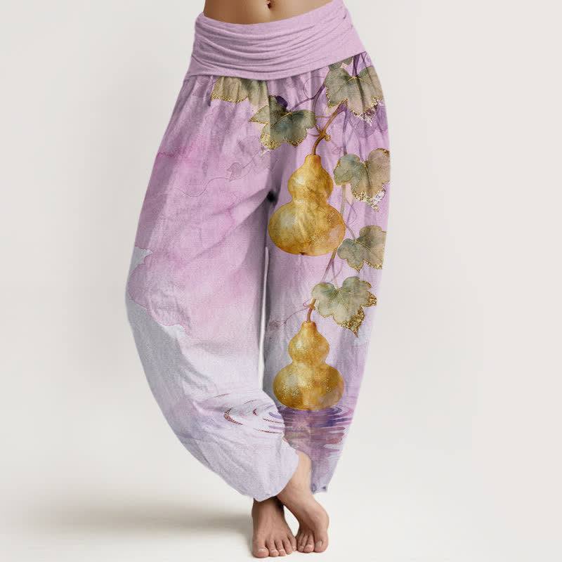 Buddha Stones Haremshose aus Baumwolle mit goldenem Kürbisblattmuster und elastischem Bund für Damen - Pflaume - US16, UK/AU20, EU48 (3XL) - image 8