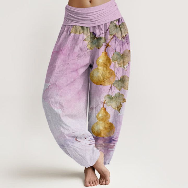 Buddha Stones Haremshose aus Baumwolle mit goldenem Kürbisblattmuster und elastischem Bund für Damen - Pflaume - US16, UK/AU20, EU48 (3XL) - image 8
