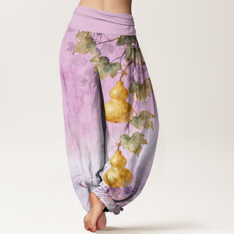 Buddha Stones Haremshose aus Baumwolle mit goldenem Kürbisblattmuster und elastischem Bund für Damen - image 9