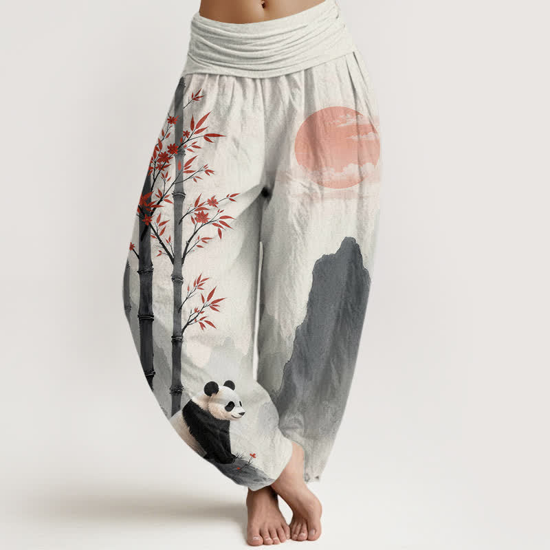 Buddha Stones Damen-Haremshose aus Baumwolle mit Bambus-Panda-Muster und elastischem Bund - Beige - US16, UK/AU20, EU48 (3XL) - image 0