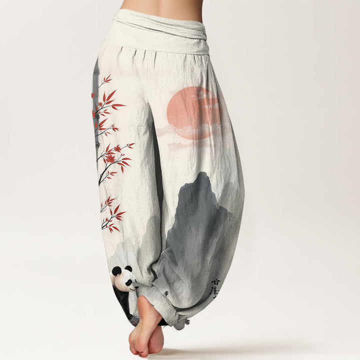 Buddha Stones Damen-Haremshose aus Baumwolle mit Bambus-Panda-Muster und elastischem Bund - image 1