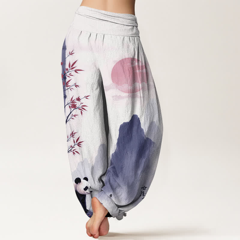 Buddha Stones Damen-Haremshose aus Baumwolle mit Bambus-Panda-Muster und elastischem Bund - image 9