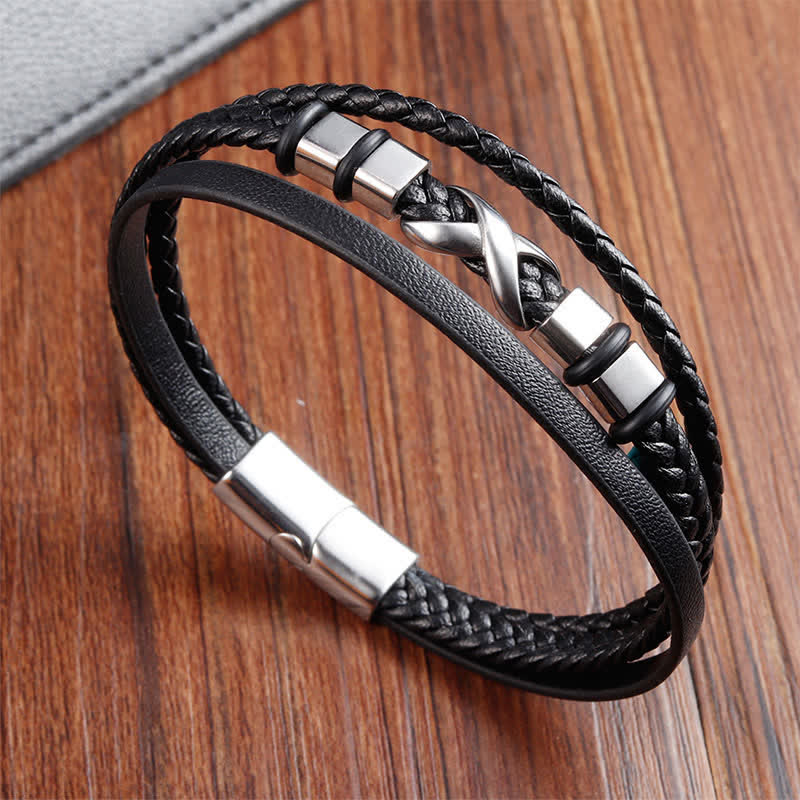 Buddha Stones Schwarzes Leder-Titanstahl-Geflecht-Armband für Herren - Titanstahl (Verstärkt die Stimulation) - image 0