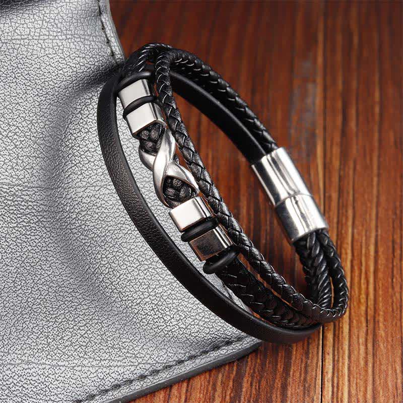 Buddha Stones Schwarzes Leder-Titanstahl-Geflecht-Armband für Herren - image 2