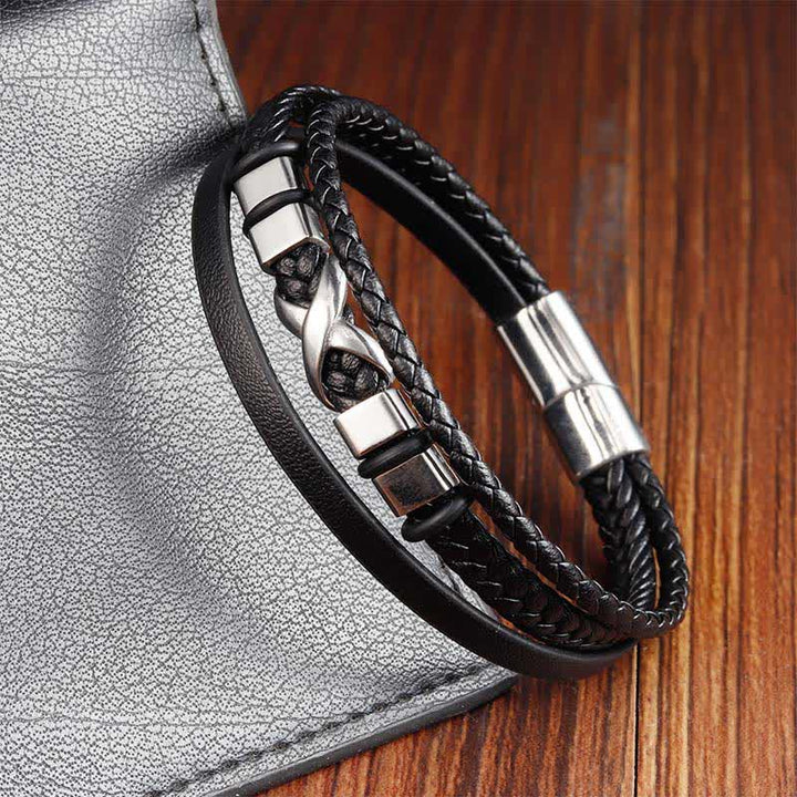 Buddha Stones Schwarzes Leder-Titanstahl-Geflecht-Armband für Herren - image 2