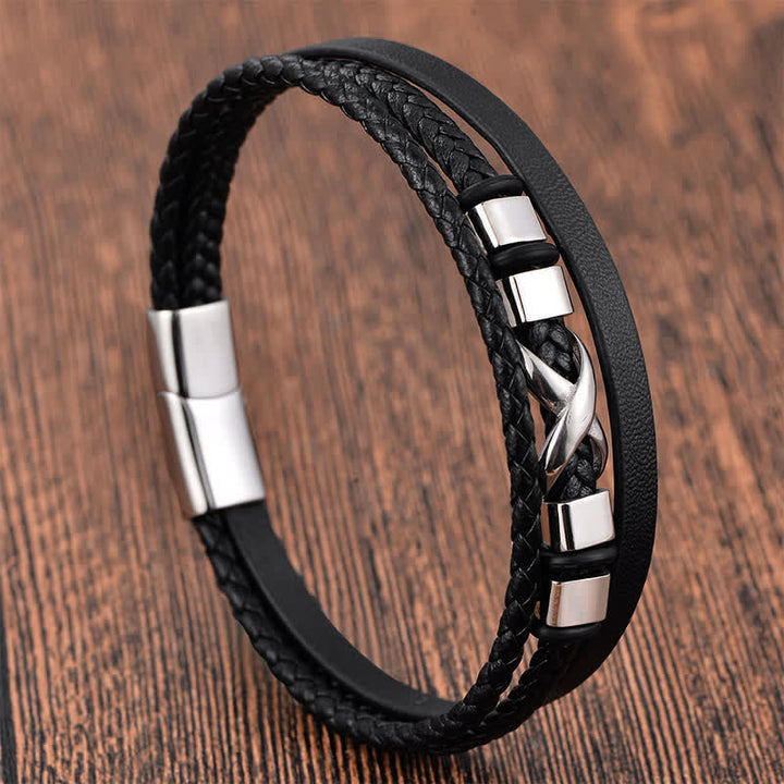 Buddha Stones Schwarzes Leder-Titanstahl-Geflecht-Armband für Herren - image 1