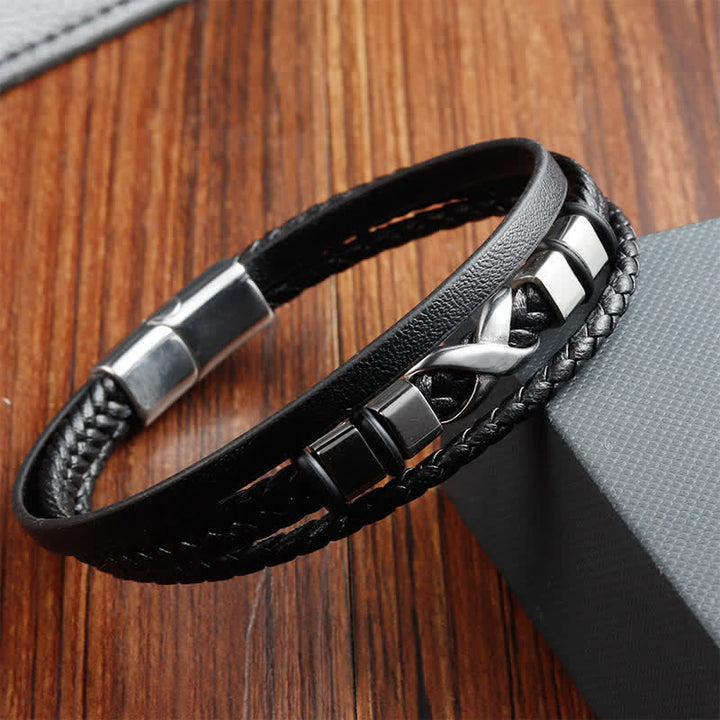 Buddha Stones Schwarzes Leder-Titanstahl-Geflecht-Armband für Herren - image 4