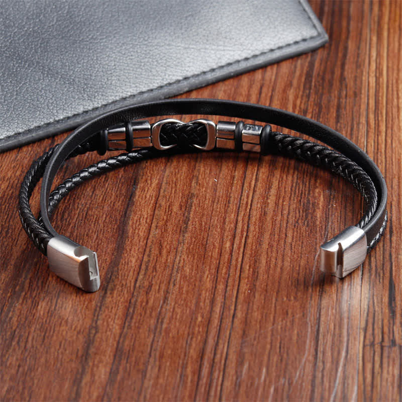 Buddha Stones Schwarzes Leder-Titanstahl-Geflecht-Armband für Herren - image 7