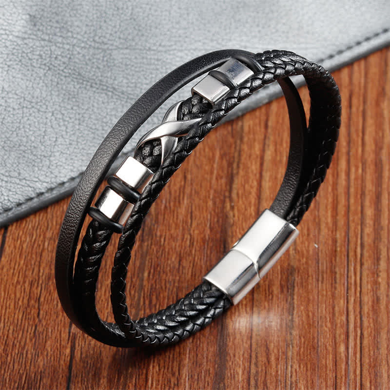 Buddha Stones Schwarzes Leder-Titanstahl-Geflecht-Armband für Herren - image 3