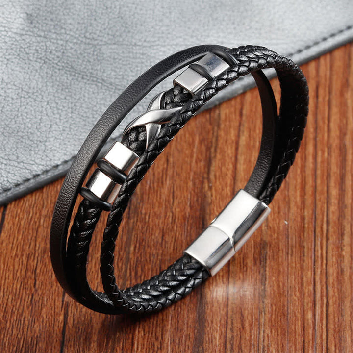 Buddha Stones Schwarzes Leder-Titanstahl-Geflecht-Armband für Herren - image 3